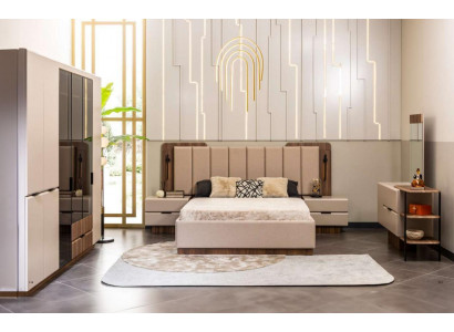 Lit double Suite Tables de chevet en tissu beige pour commode à maquillage 5 pièces Armoire Lit