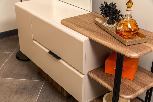 Lit double Suite Tables de chevet en tissu beige pour commode à maquillage 5 pièces Armoire Lit