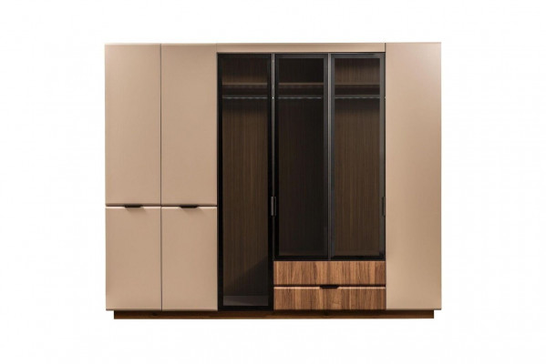 Lit double Suite Tables de chevet en tissu beige pour commode à maquillage 5 pièces Armoire Lit
