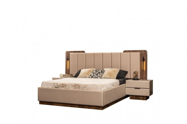 Lit double Suite Tables de chevet en tissu beige pour commode à maquillage 5 pièces Armoire Lit