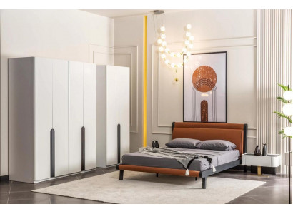 Chambre à coucher Lit double Lit Tables de chevet Ensemble de garde-robe orange 5 pièces