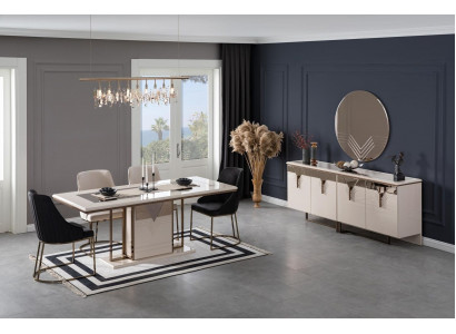 Suite Salle à manger Salle à manger Table de salle à manger Chaises 9 pièces Luxe Buffet blanc