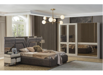 Chambre double Suite Lit Lit Tables de chevet 4pcs Gris Armoire
