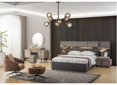 Chambre complète avec lit double, tables de chevet, console 6 pièces gris
