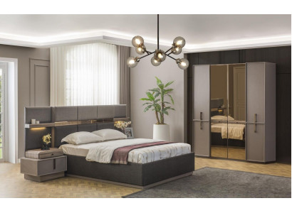 Lit double Complet chambre à coucher Lit 4 pièces Gris Tables de chevet Armoire