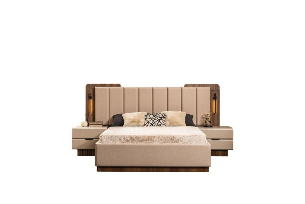 Chambre Suite Lit double Tables de chevet Tissu beige Ensemble de maquillage 4 pièces