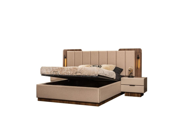 Chambre complète Lit double Tables de chevet beige Tissu 3 pièces