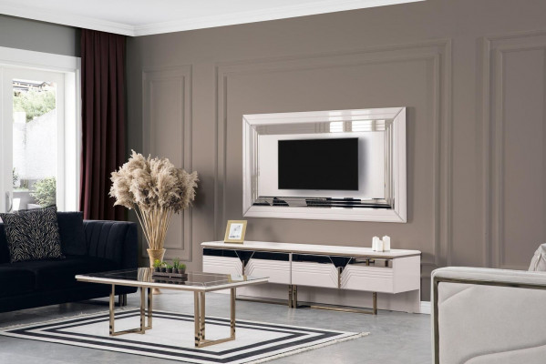 Unité murale meuble télé support mural meuble TV basse blanc bois buffet moderne