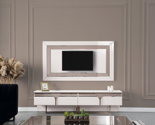 Unité murale meuble télé support mural meuble TV basse blanc bois buffet moderne