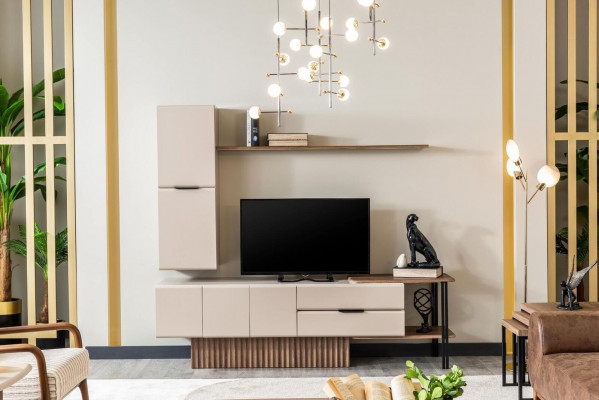 Meuble TV mural armoire murale meuble TV buffet bas en bois beige avec étagères