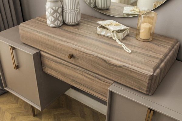 Coiffeuse Table console Pouf Coiffeuse Bois Gris Miroir Ensemble