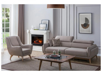 Sofa complet 3 places gris pour salon moderne avec fauteuil assorti et table basse en bois design.