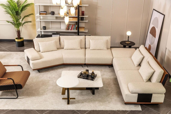 Canapé d'angle en L Fauteuil Canapé en tissu Tables basses Canapé rembourré Beige
