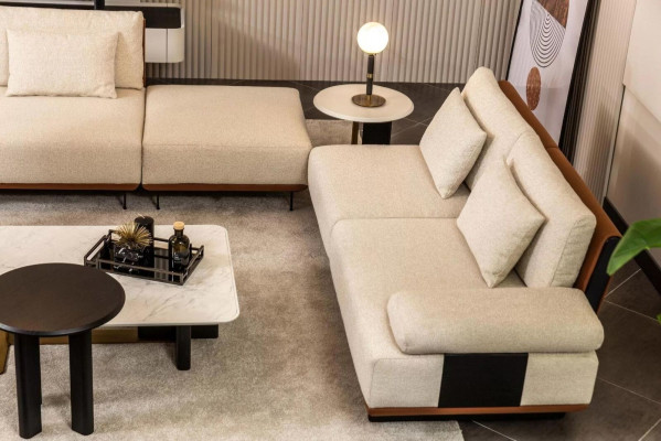 Canapé d'angle en L Fauteuil Canapé en tissu Tables basses Canapé rembourré Beige