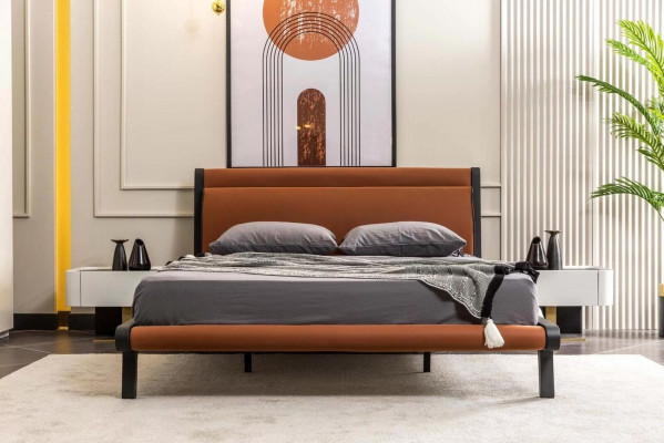 Suite Lit double Lit Chambre Table de chevet 3 pièces Orange Moderne