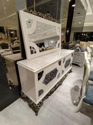 Ensemble de salle à manger Glamour Table à manger + 6 chaises + commode avec miroir 8 pièces