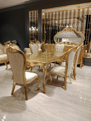 Table à manger classique + 6 chaises + buffet avec miroir Or Bois Commode nouvelle