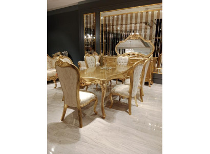 Table à manger classique + 6 chaises + buffet avec miroir Or Bois Commode nouvelle