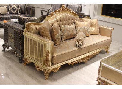 Ensemble de canapé Chesterfield 3+1+1 avec fauteuil complet en textile doré.