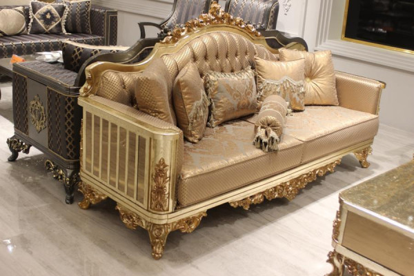 Canapé de luxe 3 places Canapé en textile Design doré Mobilier 3 places Chesterfield Neuf Rembourrage