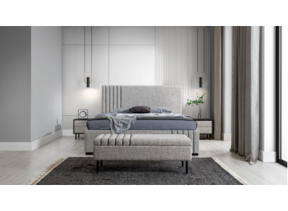 Mobilier de chambre gris clair Designer lit textile 2x tables de chevet Tabouret