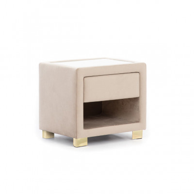 Table de chevet carrée beige avec cadre en bois design, meuble moderne neuf.
