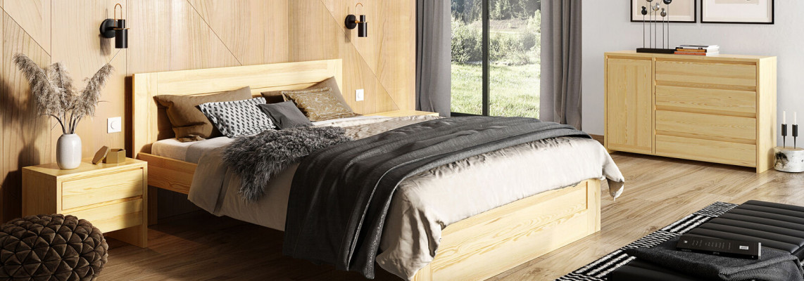 Chambre à coucher 3 pièces. Ensemble lit en bois massif avec 2 tables de chevet 180x200cm Bois massif