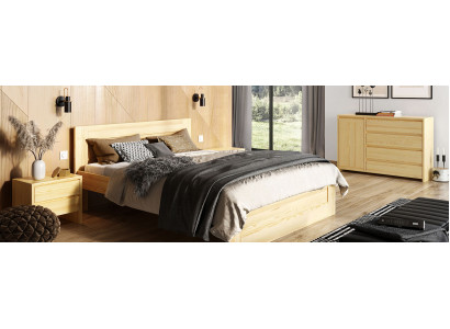 Chambre à coucher 3 pièces. Ensemble lit en bois massif avec 2 tables de chevet 180x200cm Bois massif