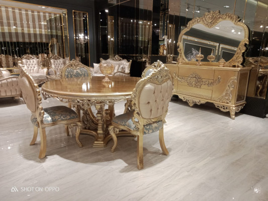 Table de salle à manger ronde dorée, ensemble de table à manger 4 chaises buffet 6 pièces. nouveau