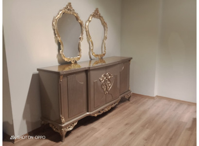 Buffet avec miroir en bois brun taupe Bahut Armoire Buffet Haut 2 pièces