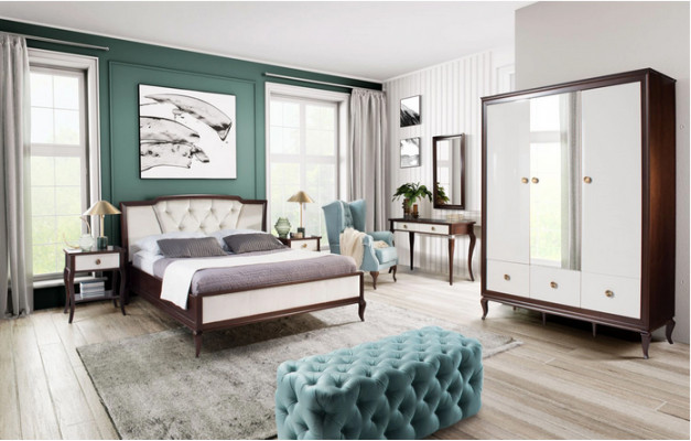 Ensemble de chambre à coucher complet 4 pièces : lit design + 2 tables de chevet + armoire