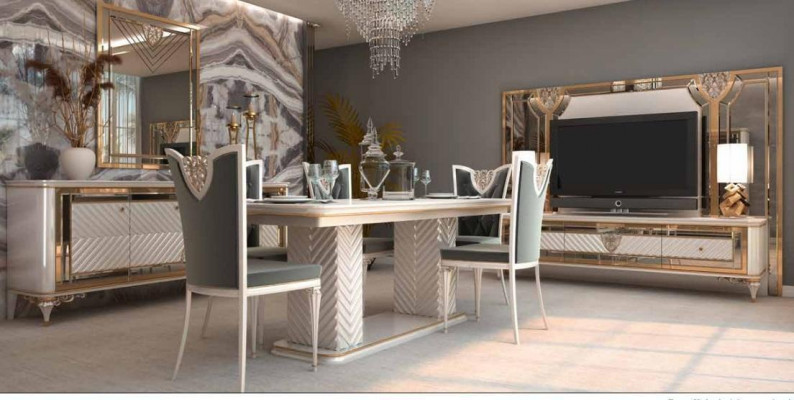 Chaise de salle à manger élégante dans des tons gris et blancs avec un design baroque