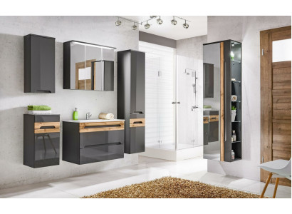 Ensemble de 5 pièces de meubles de salle de bain design. Armoire, lavabo et éclairage.