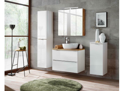 Ensemble de 4 pièces de meubles de salle de bain Design. Ensemble de suite décorative comprenant armoire, lavabo.