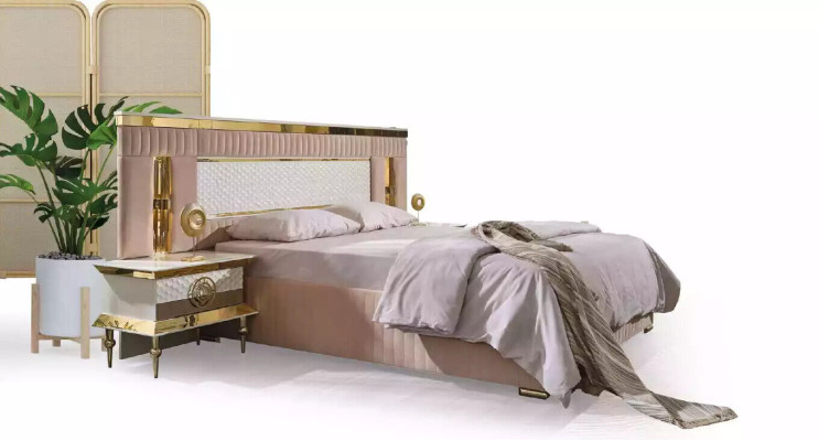 Chambre à coucher beige Ensemble lit double 2x Tables de chevet Tables de chevet 3 pièces