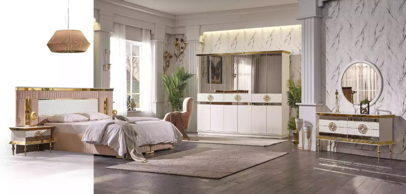 Chambre à coucher beige Ensemble lit double 2x Tables de chevet Tables de chevet 3 pièces