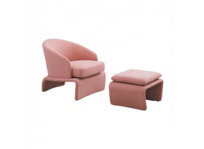 Fauteuil Club et Tabouret assorti, rose en tissu, style moderne, pour salon.