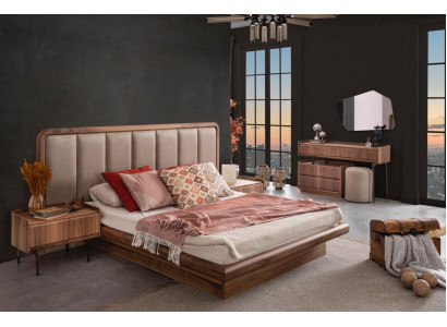 Suite de chambre de luxe en bois marron avec lit, miroir et coiffeuse nouvel