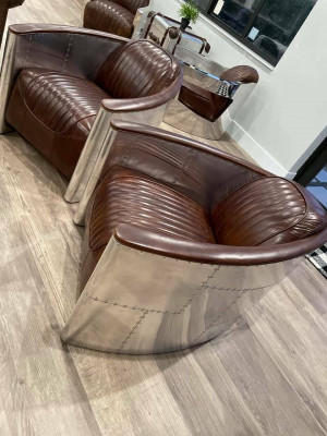 Canapé aviateur Fauteuil causeuse Club Lounge Avion Rétro Cuir véritable Aluminium vintage