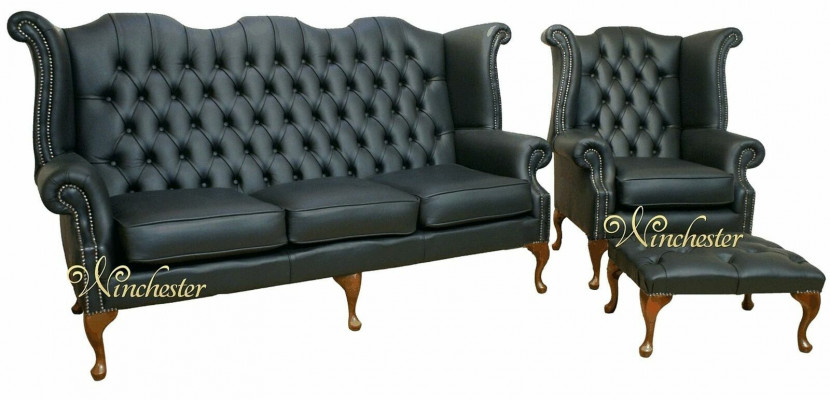 Canapé en cuir noir Chesterfield, ensemble d'ameublement de canapé 3+1 places avec fauteuil à ailes