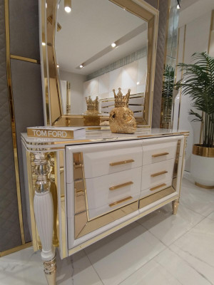 Chambre complète avec commode en bois et miroir, meubles modernes 2 pièces. nouveau