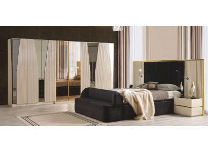 Chambre complète avec lit en bois, tables de chevet, meubles, armoire 5 pièces.