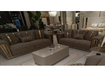 Canapé moderne 3+3 places et fauteuil assorti en tissu gris, de luxe, complet en 2 pièces.