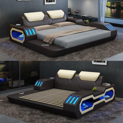 Cadre de lit de design de luxe Lit Lits en cuir USB de luxe Double Lit rembourré d'hôtel