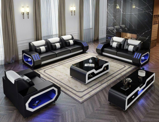 Ensemble de canapé 3 places, 2 places et 1 place, table basse, buffet. Suite design moderne 5 pièces.