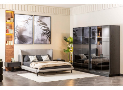 Ensemble de chambre moderne Designer Lit double x2 Tables de chevet Vitrine en verre