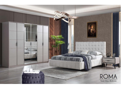 Ensemble de chambre blanc en tissu rembourré de luxe, lit en bois, armoire.