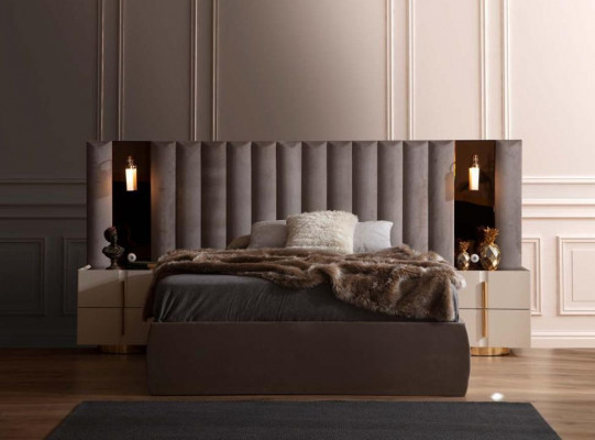 Ensemble de chambre marron Designer Lit double Blanc 2x Tables de chevet 3 pièces
