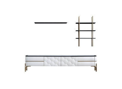Armoire TV blanche avec designer de 2 étagères pour salon, ensemble élégant de 3 pièces neuf.