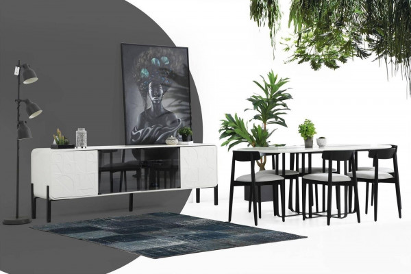 Salle à manger moderne Ensemble de design de table à manger Chaises Buffet Table en bois Ensemble 6 pièces Blanc